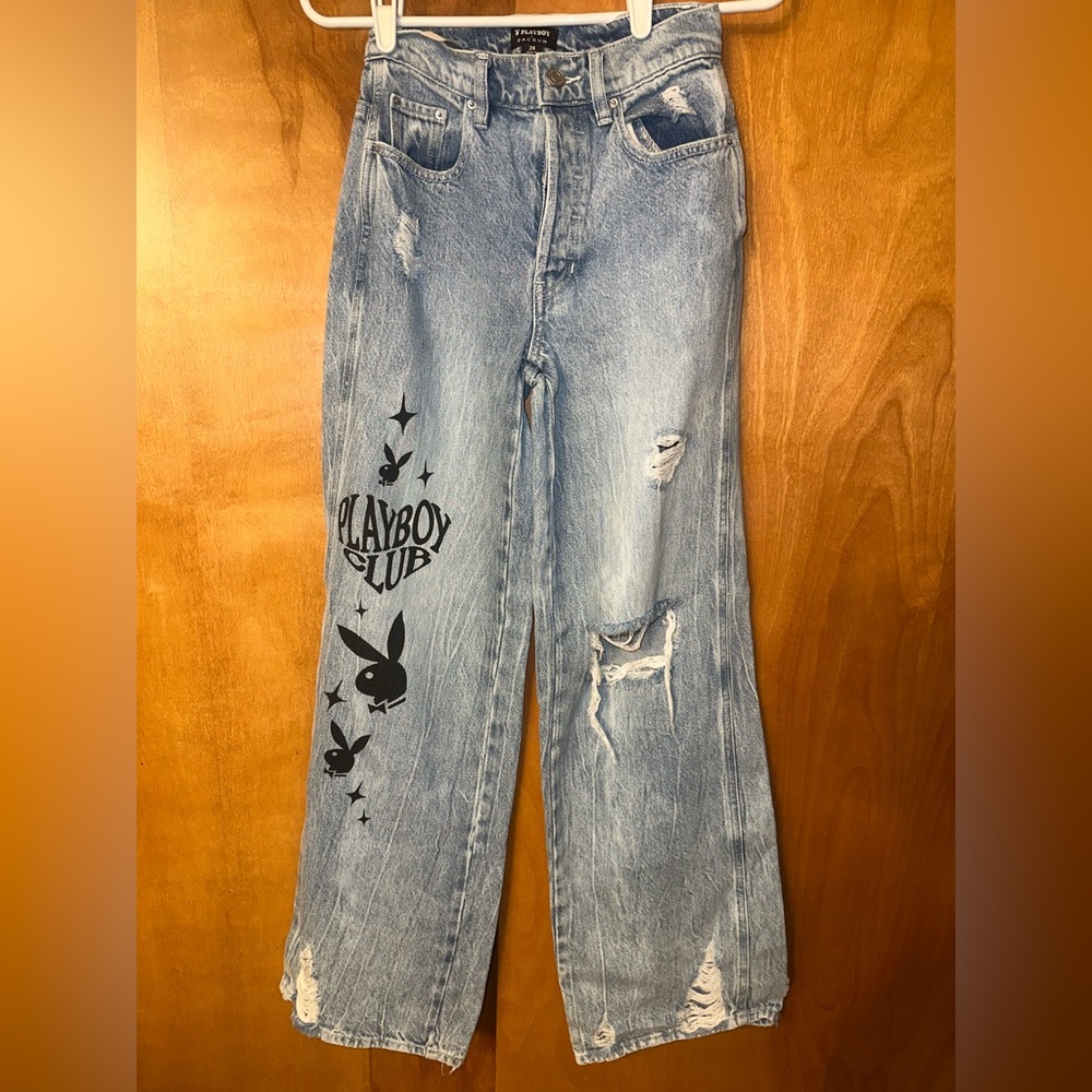 Playboy by PacSun Super Distressed Baggy Wide Leg Jeans Size 24 Button Fly Bunny